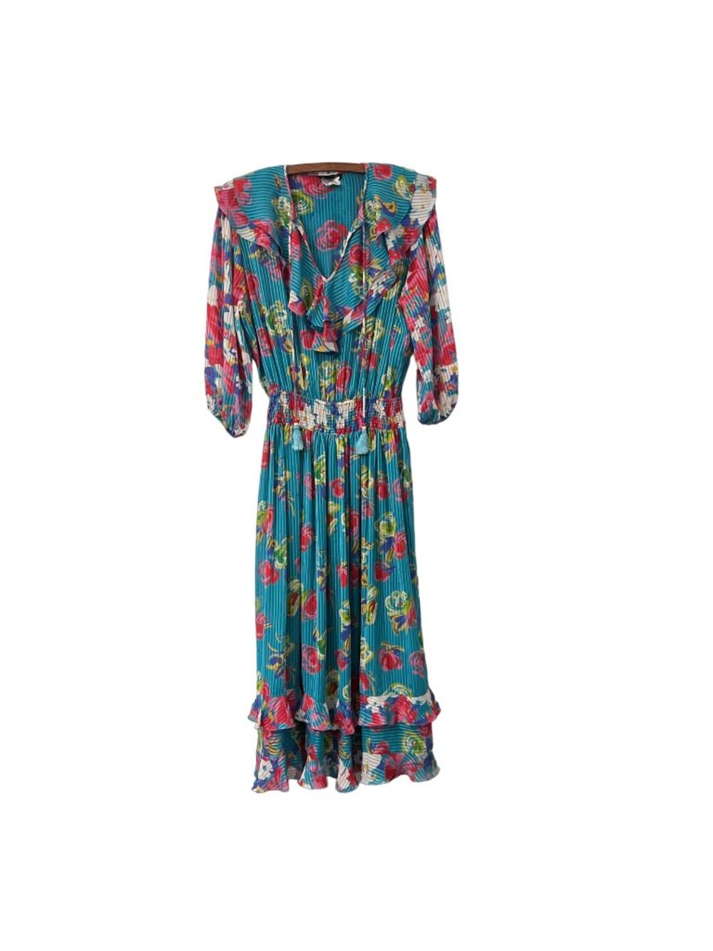 Vintage Diane Freis Blue Floral Georgette Ruffle Smocked Maxi Dress Size M/L